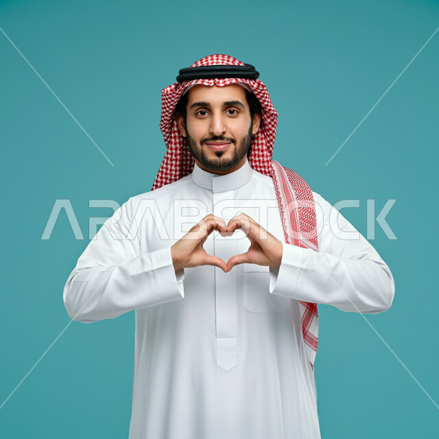 إظهار مشاعر الحب و الشغف، مفهوم المحبة و المودة, النظر إلى الكاميرا بإيماءات السعادة و السرور, بورتريه لشاب عربي خليجي سعودي يرتدي الثوب التقليدي والشماغ يشكل بيديه شكل قلب, خلفية زرقاء