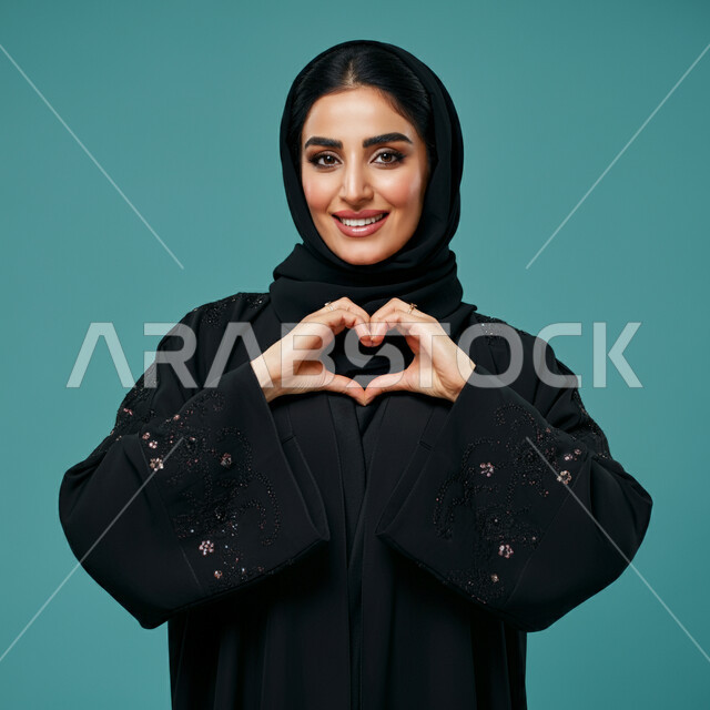 اظهار مشاعر الحب والشغف، ايماءات يدين على شكل قلب، مفهوم المحبة والمودة، بورتريه مقرب لامرأه عربيه خليجيه سعوديه محجبة ترتدي عباءة سوداء تنظر إلى الكاميرا بتعابير السرور والسعادة، خلفية زرقاء