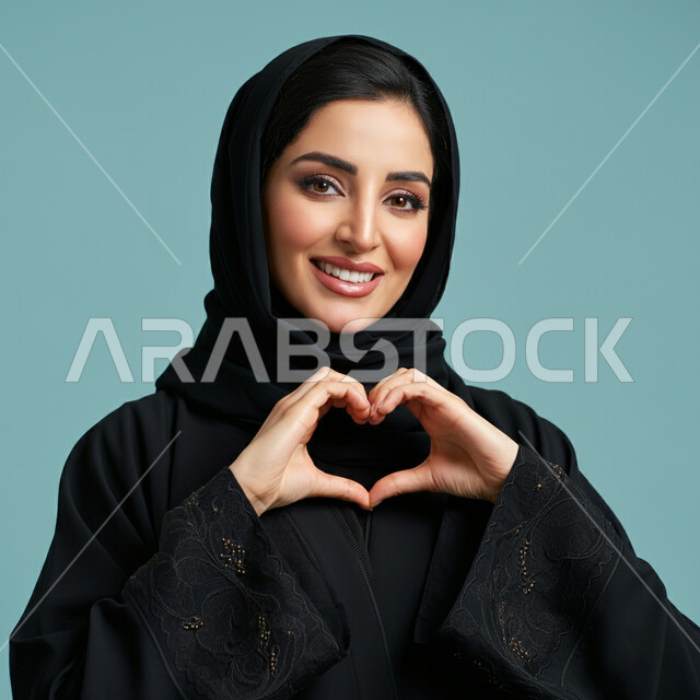 اظهار مشاعر الحب والشغف، ايماءات يدين على شكل قلب، مفهوم المحبة والمودة، بورتريه مقرب لامرأه عربيه خليجيه سعوديه محجبة ترتدي عباءة سوداء تنظر إلى الكاميرا بتعابير السرور والسعادة، خلفية زرقاء
