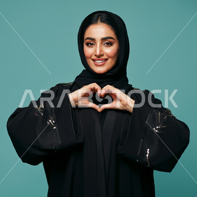 اظهار مشاعر الحب والشغف، ايماءات يدين على شكل قلب، مفهوم المحبة والمودة، بورتريه مقرب لامرأه عربيه خليجيه سعوديه محجبة ترتدي عباءة سوداء تنظر إلى الكاميرا بتعابير السرور والسعادة، خلفية زرقاء