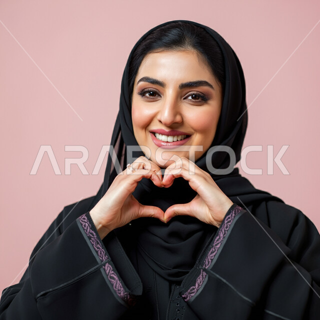 ايماءات يدين على شكل قلب، اظهار مشاعر الحب والشغف، مفهوم المحبة والمودة، بورتريه مقرب لامرأه عربيه خليجيه سعوديه محجبة ترتدي عباءة سوداء تنظر إلى الكاميرا بتعابير السرور والسعادة، خلفية وردية
