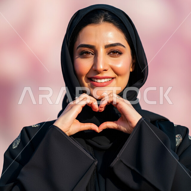 ايماءات يدين على شكل قلب، اظهار مشاعر الحب والشغف، مفهوم المحبة والمودة، بورتريه مقرب لامرأه عربيه خليجيه سعوديه محجبة ترتدي عباءة سوداء تنظر إلى الكاميرا بتعابير السرور والسعادة، خلفية وردية
