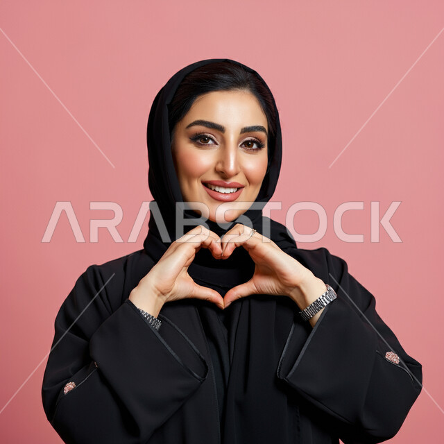 ايماءات يدين على شكل قلب، اظهار مشاعر الحب والشغف، مفهوم المحبة والمودة، بورتريه مقرب لامرأه عربيه خليجيه سعوديه محجبة ترتدي عباءة سوداء تنظر إلى الكاميرا بتعابير السرور والسعادة، خلفية وردية