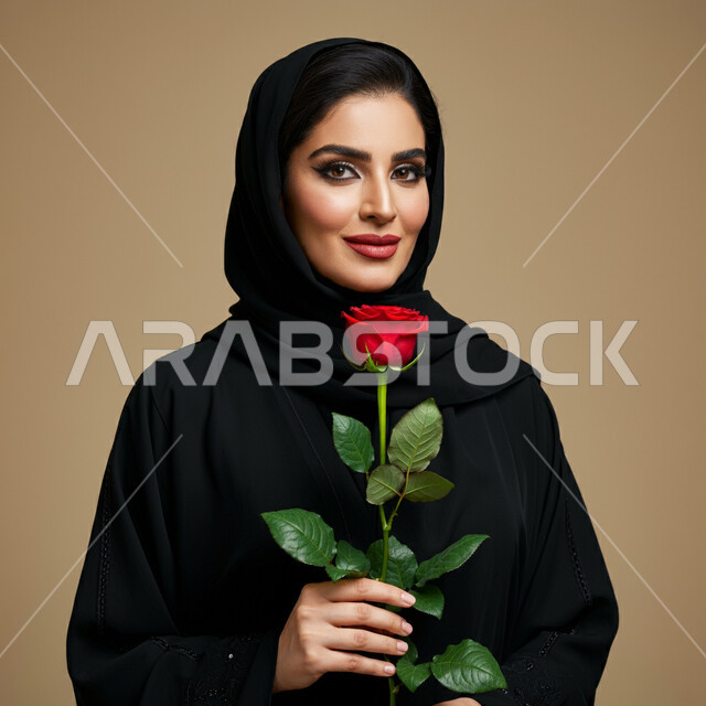 الاهتمام بالجمال والأناقة والمظهر الخارجي، مفهوم الأنوثة والنعومة، بورتريه مقرب لامرأة عربية خليجية سعودية ترتدي الحجاب والعباءة تحمل بيدها وردة حمراء جورية بايماءات الحب والفرح والسعادة، تقديم الزهور في الأعياد والمناسبات السعيدة، خلفية بيج
