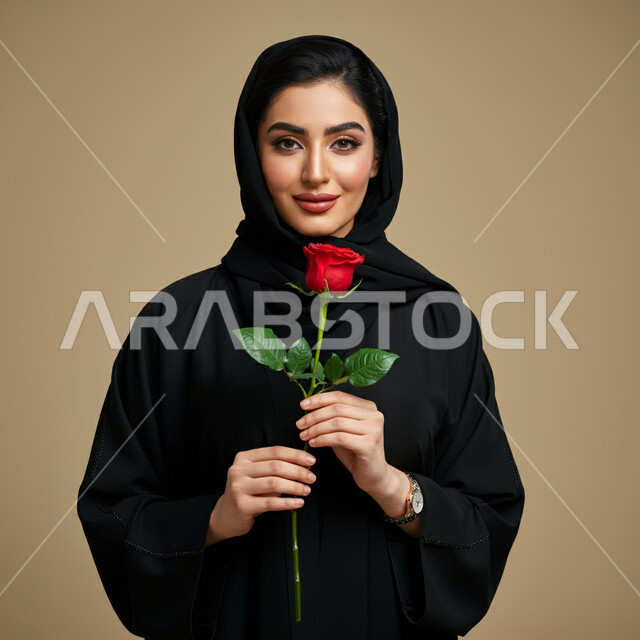 الاهتمام بالجمال والأناقة والمظهر الخارجي، مفهوم الأنوثة والنعومة، بورتريه مقرب لامرأة عربية خليجية سعودية ترتدي الحجاب والعباءة تحمل بيدها وردة حمراء جورية بايماءات الحب والفرح والسعادة، تقديم الزهور في الأعياد والمناسبات السعيدة، خلفية بيج