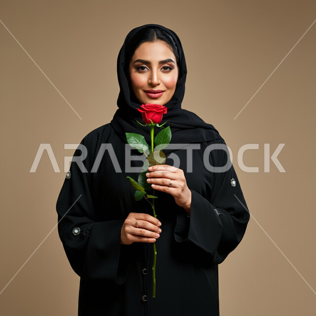  مفهوم الأنوثة والنعومة، الاهتمام بالجمال والأناقة والمظهر الخارجي، بورتريه مقرب لامرأة عربية خليجية سعودية ترتدي الحجاب والعباءة تحمل بيدها وردة حمراء جورية بايماءات الحب والفرح والسعادة، تقديم الزهور في الأعياد والمناسبات السعيدة، خلفية بيج