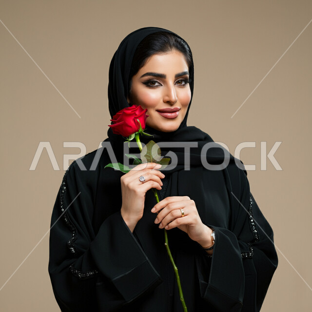  مفهوم الأنوثة والنعومة، الاهتمام بالجمال والأناقة والمظهر الخارجي، بورتريه مقرب لامرأة عربية خليجية سعودية ترتدي الحجاب والعباءة تحمل بيدها وردة حمراء جورية بايماءات الحب والفرح والسعادة، تقديم الزهور في الأعياد والمناسبات السعيدة، خلفية بيج