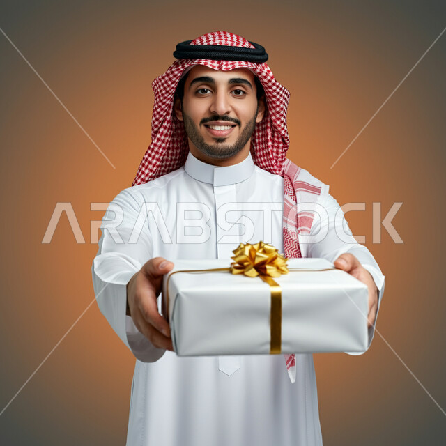 الأعياد والمناسبات السعيدة، النظر الى الكاميرا بتعابير السرور  والفرح، الاحتفال وتقديم الهدايا، بورتريه مقرب لرجل عربي سعودي مبتسم خليجي يرتدي الثوب التقليدي و الشماغ يحمل بيده علبة هدية مغلفة، خلفية بيج