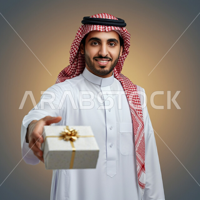 النظر الى الكاميرا بتعابير السرور  والفرح، الاحتفال وتقديم الهدايا، الأعياد والمناسبات السعيدة، بورتريه مقرب لرجل عربي سعودي مبتسم خليجي يرتدي الثوب التقليدي و الشماغ يحمل بيده علبة هدية مغلفة، خلفية بيج
