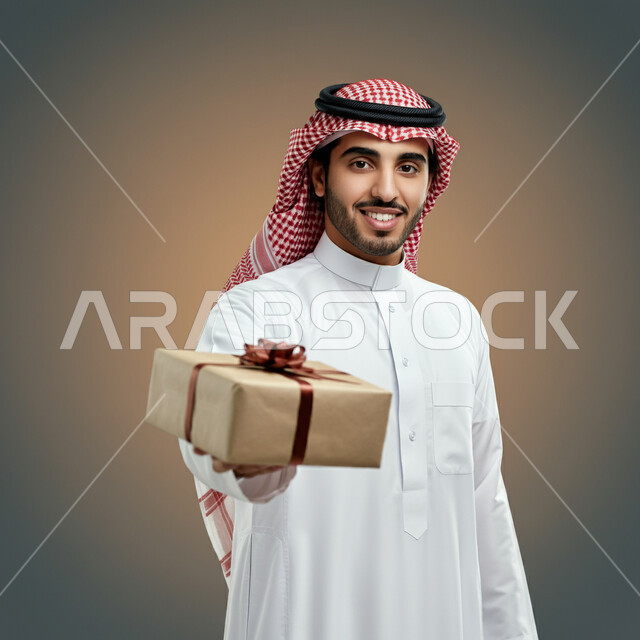  الأعياد والمناسبات السعيدة، النظر الى الكاميرا بتعابير السرور  والفرح، الاحتفال وتقديم الهدايا، بورتريه مقرب لرجل عربي سعودي مبتسم خليجي يرتدي الثوب التقليدي و الشماغ يحمل بيده علبة هدية مغلفة، خلفية بيج
