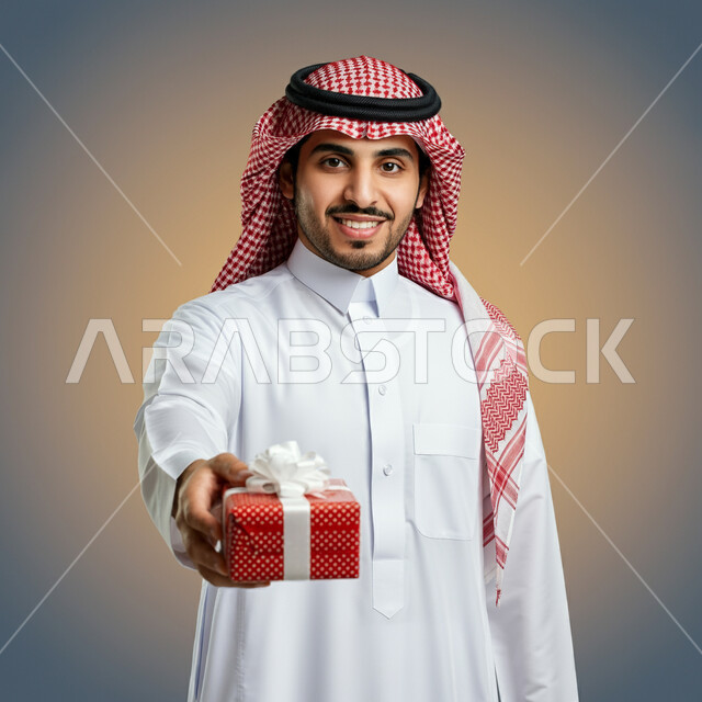 النظر الى الكاميرا بتعابير السرور  والفرح، الاحتفال وتقديم الهدايا، الأعياد والمناسبات السعيدة، بورتريه مقرب لرجل عربي سعودي مبتسم خليجي يرتدي الثوب التقليدي و الشماغ يحمل بيده علبة هدية مغلفة، خلفية بيج