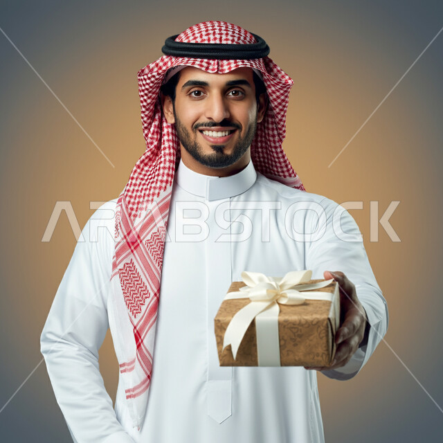 الأعياد والمناسبات السعيدة، النظر الى الكاميرا بتعابير السرور  والفرح، الاحتفال وتقديم الهدايا، بورتريه مقرب لرجل عربي سعودي مبتسم خليجي يرتدي الثوب التقليدي و الشماغ يحمل بيده علبة هدية مغلفة، خلفية بيج