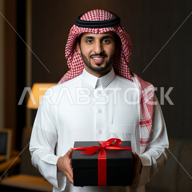 الأعياد والمناسبات السعيدة، النظر الى الكاميرا بتعابير السرور  والفرح، الاحتفال وتقديم الهدايا، صورة مقربة لرجل عربي سعودي مبتسم خليجي يرتدي الثوب التقليدي و الشماغ يحمل بيده علبة هدية مغلفة