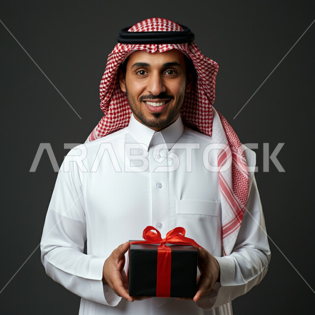 الاحتفال وتقديم الهدايا، الأعياد والمناسبات السعيدة، النظر الى الكاميرا بتعابير السرور  والفرح، بورتريه مقرب لرجل عربي سعودي مبتسم خليجي يرتدي الثوب التقليدي و الشماغ يحمل بيده علبة هدية مغلفة، خلفية رمادية
