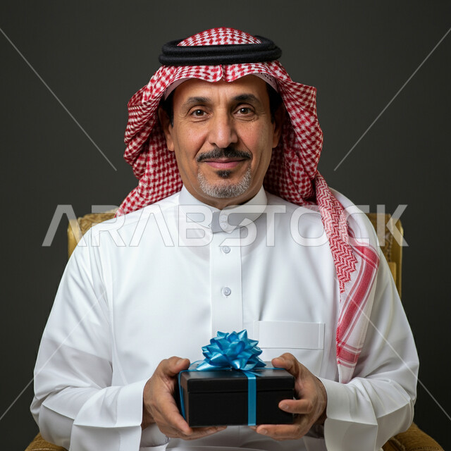 الاحتفال وتقديم الهدايا، الأعياد والمناسبات السعيدة، النظر الى الكاميرا بتعابير السرور  والفرح، بورتريه مقرب لرجل عربي سعودي مبتسم خليجي يرتدي الثوب التقليدي و الشماغ يحمل بيده علبة هدية مغلفة، خلفية رمادية