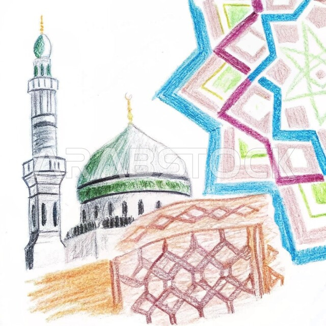 الفن الهندسي المعماري للقبب والمآذن على الطراز الحديث، رسومات توضيحية ثلاثية الأبعاد لمسجد إسلامي، نداء المسلمين لآداء الفرائض والصلوات، العبادة والتقرب إلى الله تعالى، خلفيه بيضاء