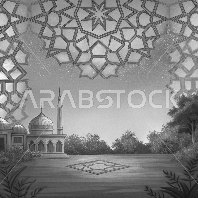 العبادة والتقرب الى الله في شهر رمضان المبارك، صورة بالابيض و الاسود للتصاميم والديكورات الانيقة للمساجد في المملكة العربية السعودية، الفن الهندسي المعماري على الطراز الاسلامي، النقوش والزخارف على الجدران الخارجية، اجواء رمضانية روحانية
