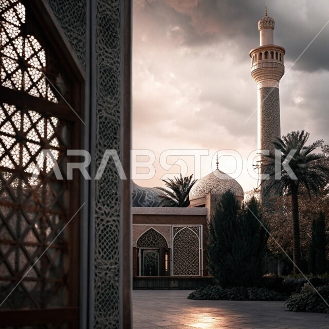 Engravings and decorations on the external walls, elegant external decorations and designs of mosques in the Kingdom of Saudi Arabia, Islamic architectural art, spiritual Ramadan atmosphere, worship and drawing closer to God in the holy month of Ramadan