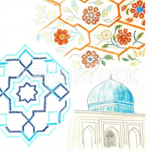 الفن الهندسي المعماري للقبب والمآذن على الطراز الحديث، رسومات توضيحية ثلاثية الأبعاد لمسجد إسلامي، نداء المسلمين لآداء الفرائض والصلوات، العبادة والتقرب إلى الله تعالى، خلفيه بيضاء