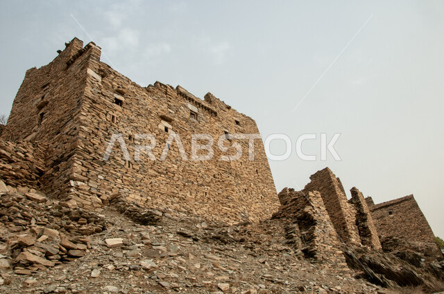Old style architectural art, heritage stone castles, historic stone houses and buildings, famous tourist attractions in Saudi Arabia