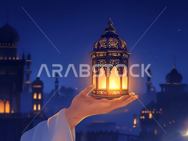 فوانيس وتحف وديكورات تقليدية للاحتفال بقدوم شهر رمضان المبارك، العادات والتقاليد العربية في زينة الأعياد والمناسبات الدينية,  أجواء رمضانية وروحانية إسلامية، صورة مقربة ليد تحمل فانوس عربي معدني مزخرف مضيئ ليلا