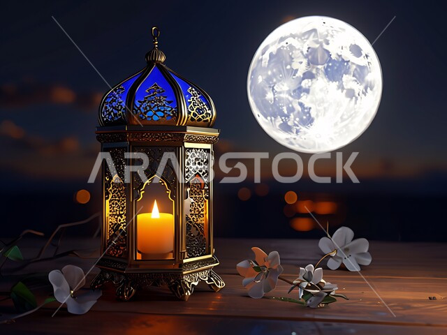 Arab Customs and Traditions in Holiday and religious decorations, lanterns, antiques and traditional decorations to celebrate the coming of the holy month of Ramadan, Ramadan atmosphere and Islamic spirituality, Arabic decorative metal lantern illuminated, sky background with full moon at night