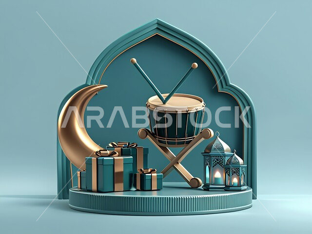 Frame background with 3D artifacts, crescent moon and Ramadan decorations, occasions and gifts, lighting and decorations and Ramadan lights, blue background