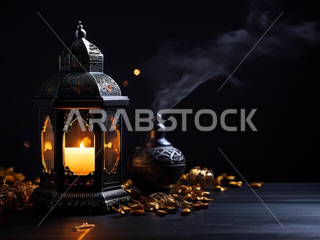 الاحتفال بالأعياد والمناسبات الدينية، اكسسوارات و تحف ثلاثية الأبعاد، الاستعداد لاستقبال شهر رمضان المبارك، ديكورات وأنوار اسلامية، أجواء رمضانية روحانية، فانوس تقليدي معدني مضيء، خلفية سوداء