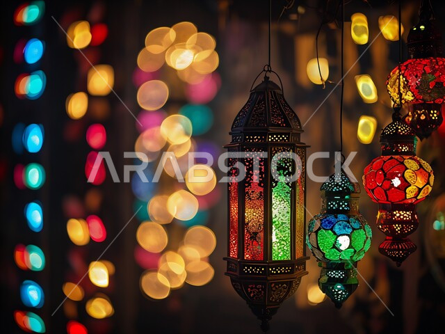 العادات والتقاليد العربية في زينة الأعياد والمناسبات الدينية, فوانيس وتحف وديكورات تقليدية للاحتفال بقدوم شهر رمضان المبارك، أجواء رمضانية وروحانية إسلامية، فوانيس عربية معدنية مزخرفة مضيئة معلقة