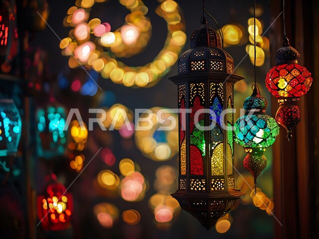 العادات والتقاليد العربية في زينة الأعياد والمناسبات الدينية, فوانيس وتحف وديكورات تقليدية للاحتفال بقدوم شهر رمضان المبارك، أجواء رمضانية وروحانية إسلامية، فوانيس عربية معدنية مزخرفة مضيئة معلقة