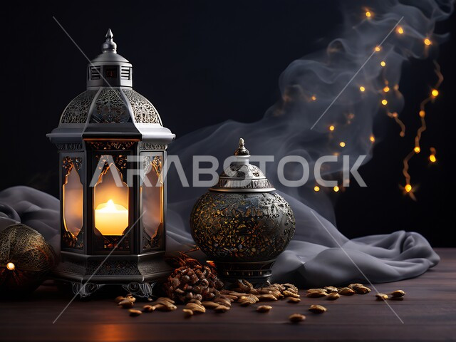 الاحتفال بالأعياد والمناسبات الدينية، اكسسوارات و تحف ثلاثية الأبعاد، الاستعداد لاستقبال شهر رمضان المبارك، ديكورات وأنوار اسلامية، أجواء رمضانية روحانية، فانوس تقليدي معدني مضيء، خلفية سوداء