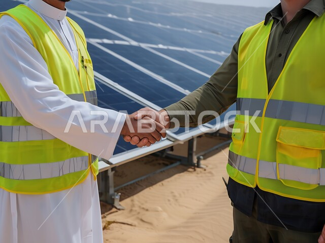  مفهوم الهندسة والانشاءات، إتفاقيات و صفقات عمل، صورة مقربة ليد مهندس عربي خليجي سعودي يرندي سترة الحماية يقوم بمصافحة زميله، الاشراف على تطبيق الخطط والمشاريع الهندسيه المعمارية في المملكة