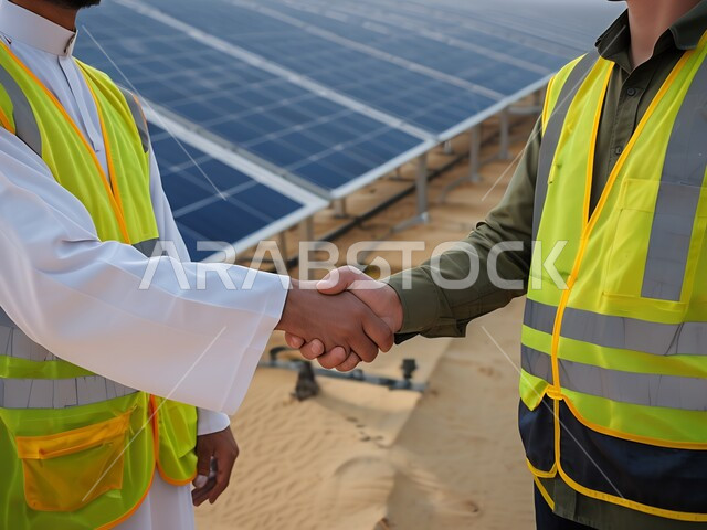  مفهوم الهندسة والانشاءات، إتفاقيات و صفقات عمل، صورة مقربة ليد مهندس عربي خليجي سعودي يرندي سترة الحماية يقوم بمصافحة زميله، الاشراف على تطبيق الخطط والمشاريع الهندسيه المعمارية في المملكة