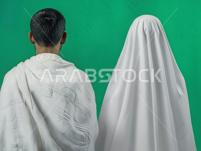 مفهوم الألفة بين الزوجين, زيارة بيت الله الحرام في مكه المكرمه, اداء فريضة الحج والعمره في موسم الحج، بورتريه من الخلف لزوجان عربيان خليحيان سعوديان يرتديان ثياب الاحرام، اسلاميات وعباده, خلفية خضراء