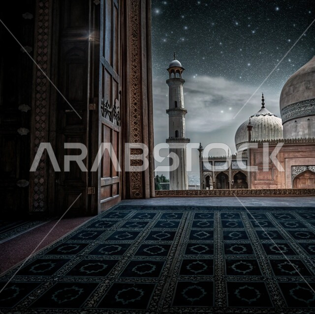 Worship and getting closer to God in the holy month of Ramadan, Islamic architectural art, elegant exterior designs and decorations of mosques in the Kingdom of Saudi Arabia, engravings and decorations on the exterior walls, spiritual Ramadan atmosphere