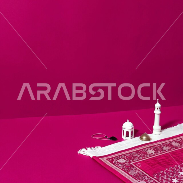 مجسم مئذنة و قبة المسجد الاسلامي امام سجادة الصلاة، مفهوم العبادة والتقرب الى الله تعالى, زينة الأعياد والمناسبات الدينية، الديكورات والتصاميم الهندسية المميزة في رمضان المبارك, قدوم شهر الخير، خلفية وردية