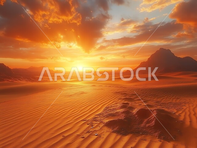 التضاريس والتكوينات والتشكيلات الصخرية في الصحراء الواسعة، الكثبان والتلال الرملية الناعمة، الرمال الذهبية اللامعة، الطبيعة الجبلية في صحاري شبه الجزيرة العربية، البيئة القاحلة والجافة في المناطق الصحراوية، السماء الملبده بالغيوم عند غروب الشمس