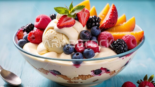 طبق سلطة الفواكه الطازجة اللذيذة, وجبات خفيفة باردة منعشة في فصل الصيف, ثمار و محاصيل وطنية محلية سعودية، فنون تقديم وترتيب الأطباق، وعاء من قطع الفاكهة مع الآيس الكريم بنكهة الفانيل المزين بالكريما الغنية، خلفية ملونة