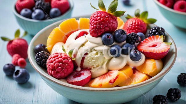 طبق سلطة الفواكه الطازجة اللذيذة, وجبات خفيفة باردة منعشة في فصل الصيف, ثمار و محاصيل وطنية محلية سعودية، فنون تقديم وترتيب الأطباق، وعاء من قطع الفاكهة مع الآيس الكريم بنكهة الفانيل المزين بالكريما الغنية، خلفية ملونة