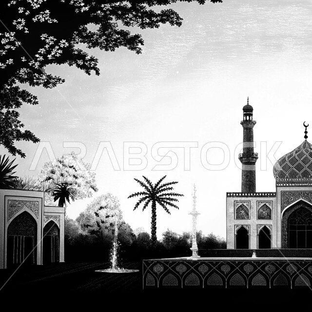 Islamic architectural art, black and white photo of engravings and decorations on the exterior walls, elegant exterior designs and decorations of mosques in the Kingdom of Saudi Arabia, worship and getting closer to God in the holy month of Ramadan, interest in planting palm trees, spiritual Ramadan atmosphere
