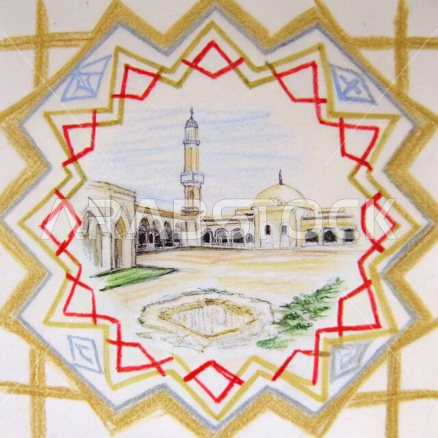  العبادة والتقرب إلى الله تعالى ، الفن الهندسي المعماري للقبب والمآذن على الطراز الحديث، رسومات توضيحية ثلاثية الأبعاد لمسجد إسلامي، نداء المسلمين لآداء الفرائض والصلوات، خلفية بيضاء