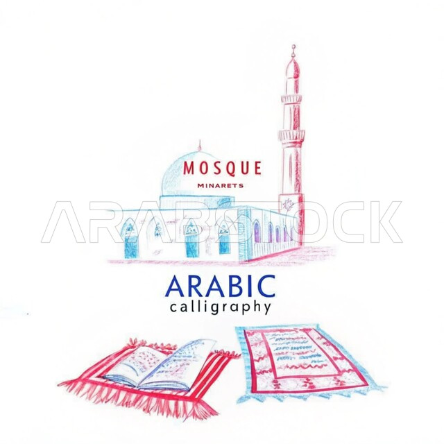  العبادة والتقرب إلى الله تعالى ، الفن الهندسي المعماري للقبب والمآذن على الطراز الحديث، رسومات توضيحية ثلاثية الأبعاد لمسجد إسلامي، نداء المسلمين لآداء الفرائض والصلوات، خلفية بيضاء