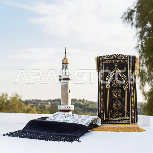 مجسم لمئذنة امام سجدة الصلاة، مفهوم العبادة والتقرب الى الله تعالى, زينة الأعياد والمناسبات الدينية، الديكورات والتصاميم الهندسية المميزة في رمضان المبارك, قدوم شهر الخير، خلفية السماء الصافية