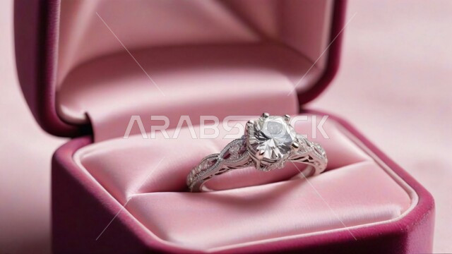 دبلة مرصعة بحبات ألماسية براقة، الحلي والاكسسوارات الفاخرة، صورة مقربة لخاتم خطوبة من الألماس في صندوق مخملي وردي اللون، خواتم الزواج والشبكة، العادات والتقاليد في التقدم لطلب يد الفتاة، مجوهرات ومحبس العروس بأشكال مميزة