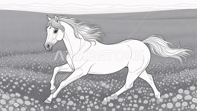 رسومات ثري دي لحصان بالأبيض والأسود، رسم ثلاثي الأبعاد لجواد عربي، خيل أصيل يعدو ويستغرض قوته في الحقول البرية، رمز الأصالة والعروبة، الشغف بتربية الخيول العربية والفروسية، توارث حب ورعاية الجياد من الأجداد في المملكة العربية السعودية