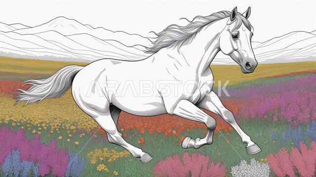 رسم ثلاثي الأبعاد لجواد عربي، خيل أصيل يعدو ويستغرض قوته في الحقول البرية، رمز الأصالة والعروبة، الشغف بتربية الخيول العربية والفروسية، توارث حب ورعاية الجياد من الأجداد في المملكة العربية السعودية