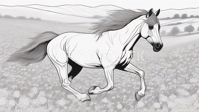 رسومات ثري دي لحصان بالأبيض والأسود، رسم ثلاثي الأبعاد لجواد عربي، خيل أصيل يعدو ويستغرض قوته في الحقول البرية، رمز الأصالة والعروبة، الشغف بتربية الخيول العربية والفروسية، توارث حب ورعاية الجياد من الأجداد في المملكة العربية السعودية