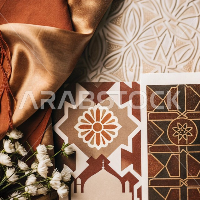 Brown and beige geometric and plant decorative patterns, Islamic Arabic decorations and ornaments, Islamic decorative design, modern contemporary geometric art, traditional Arabic heritage crafts, interior decoration inspired by Arab heritage