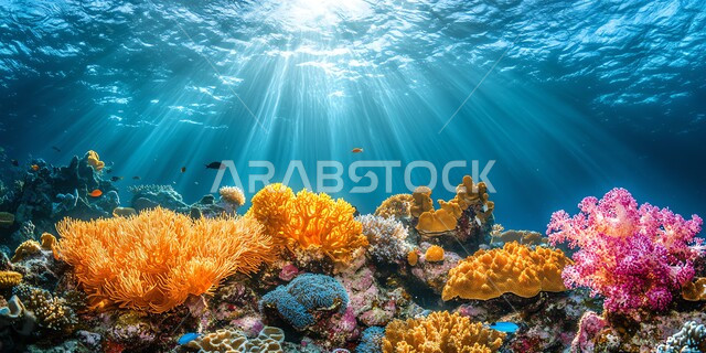  البيئة المائية الغنية بالكائنات الحية في البحر، الثروة السمكية والنباتات المختلفة في المملكة العربية السعودية، محمية طبيعية بحرية، الشعب المرجانية الملونة في أعماق البحار والمحيطات، مجموعة من الأسماك الصغيرة تسبح في المياه