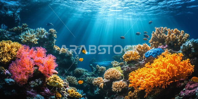  البيئة المائية الغنية بالكائنات الحية في البحر، الثروة السمكية والنباتات المختلفة في المملكة العربية السعودية، محمية طبيعية بحرية، الشعب المرجانية الملونة في أعماق البحار والمحيطات، مجموعة من الأسماك الصغيرة تسبح في المياه